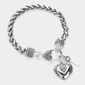 Silver Antique Heart Pendant Style Dangling Charm Bracelet Braided Metal Key